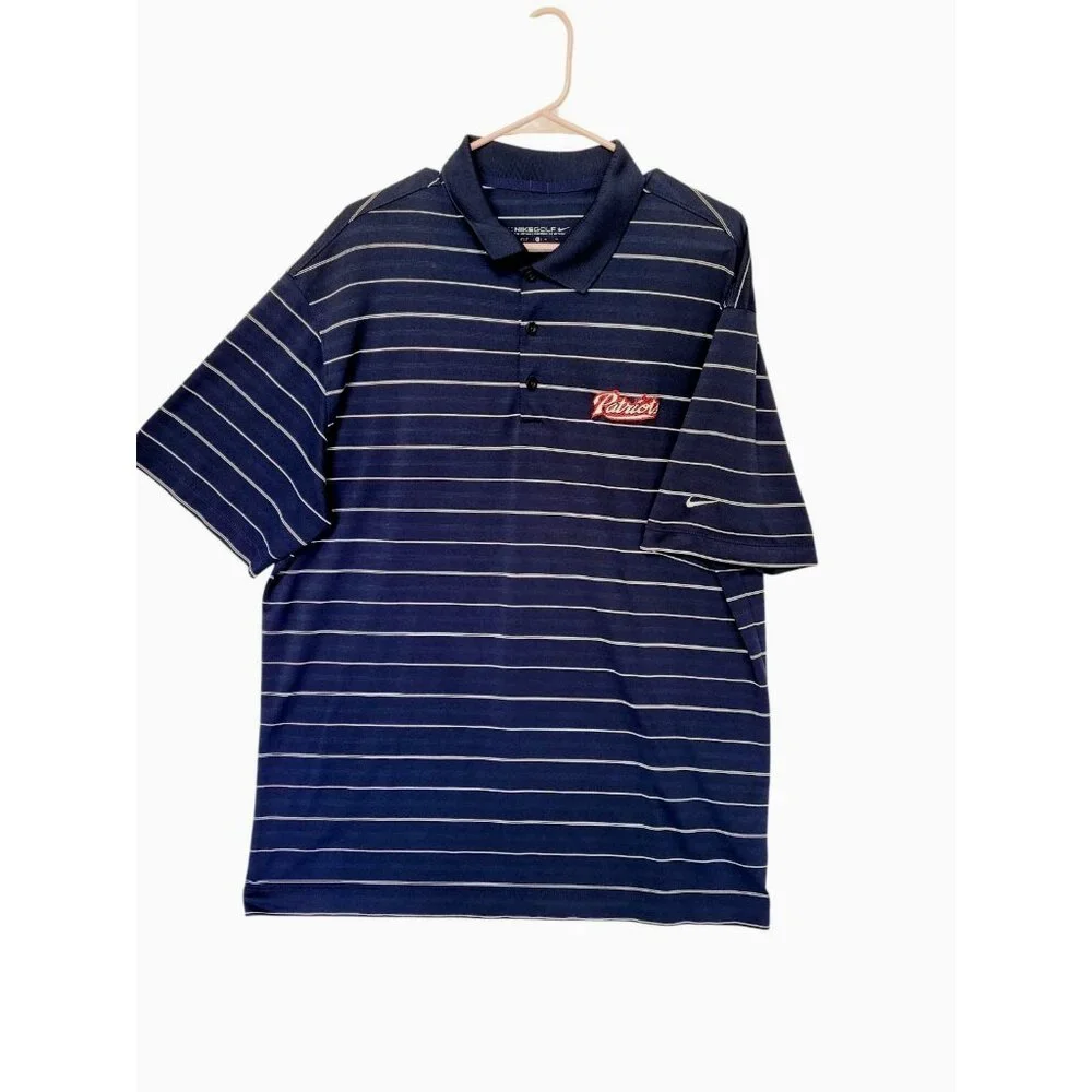 Nike‎ Golf Polo Shirt Mens XL Blue Striped Patriots Embroidered Logo Dri Fit